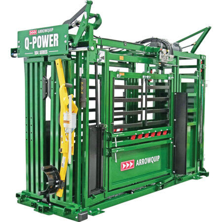 Full profile of the Arrowquip Q-Power 104 Series hydraulic squeeze crush deluxe edition with palpation cage