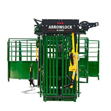 Head on view of the Arrowlock 88 portable chutealley and tub set up with a head holder